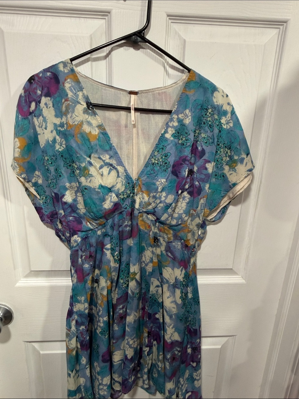 Free People Teal Blue Purple Floral V-Neck Dress